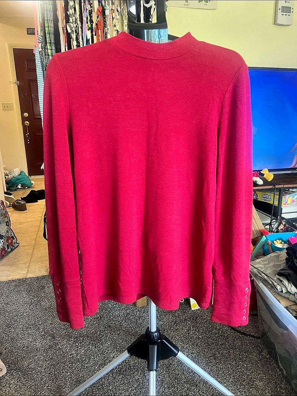 Rafaella Mock Neck Sweater with Gold Button Cuffs Red Large